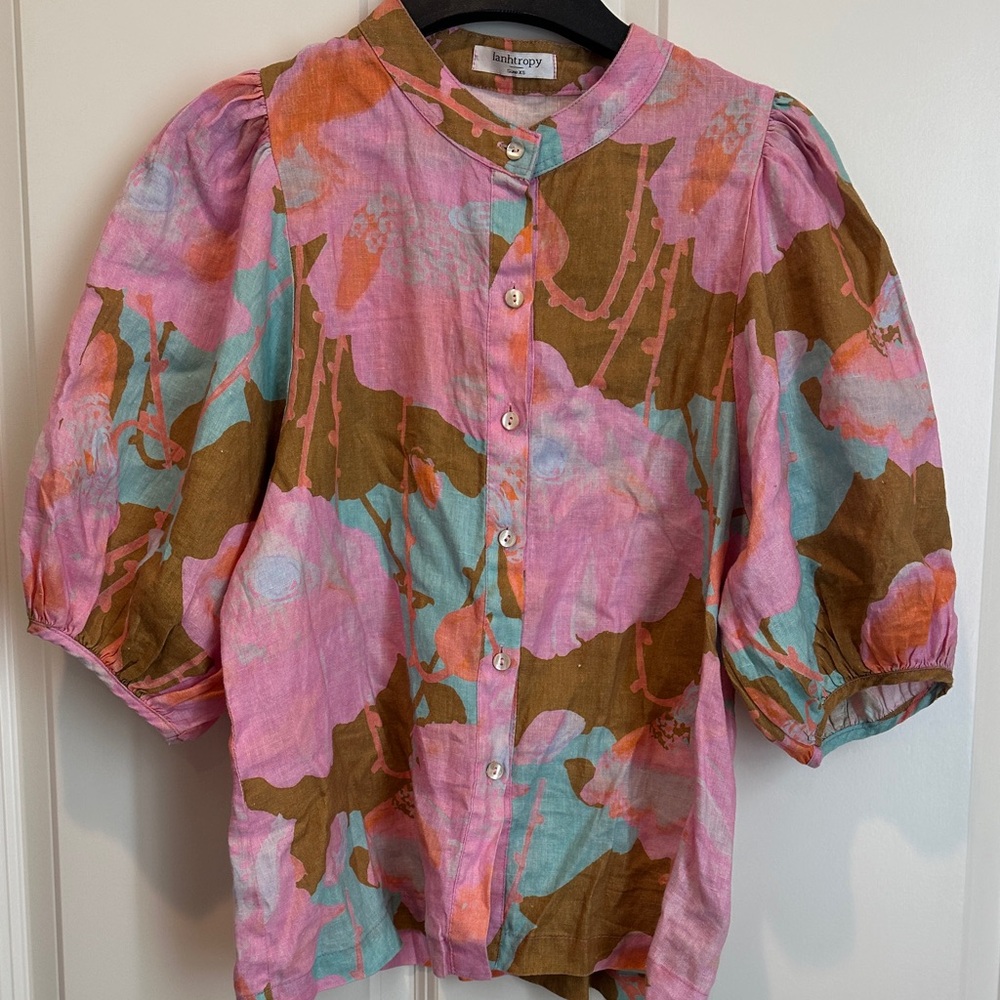 Lanhtropy Women’s Floral Button-Front Shirt in Pink, Brown & Teal